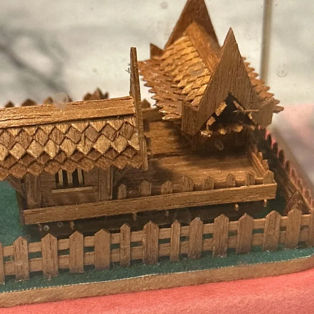 VINTAGE Handmade Teak Wood Thailand House Glass Metal Shadowbox Diorama Souvenir